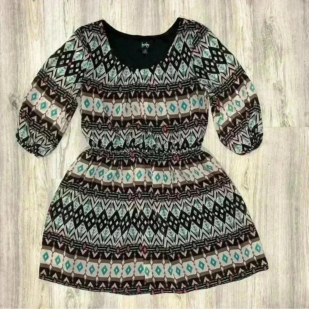 By & By 3/4 Sleeve Aztec Print Casual Mini Dress Elastic Waist Juniors Size XL